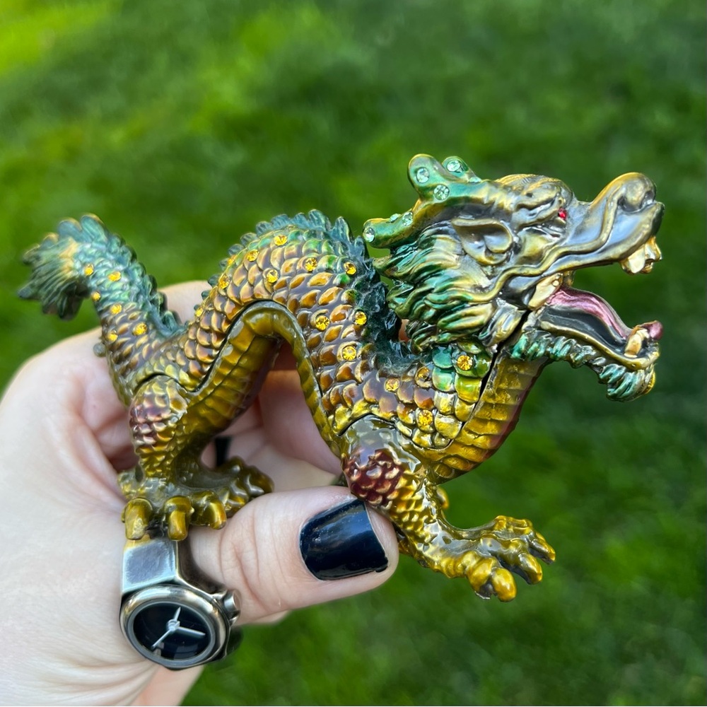 Asian Enameled Bejeweled Metal Dragon Trinket Box Hinged with Magnet